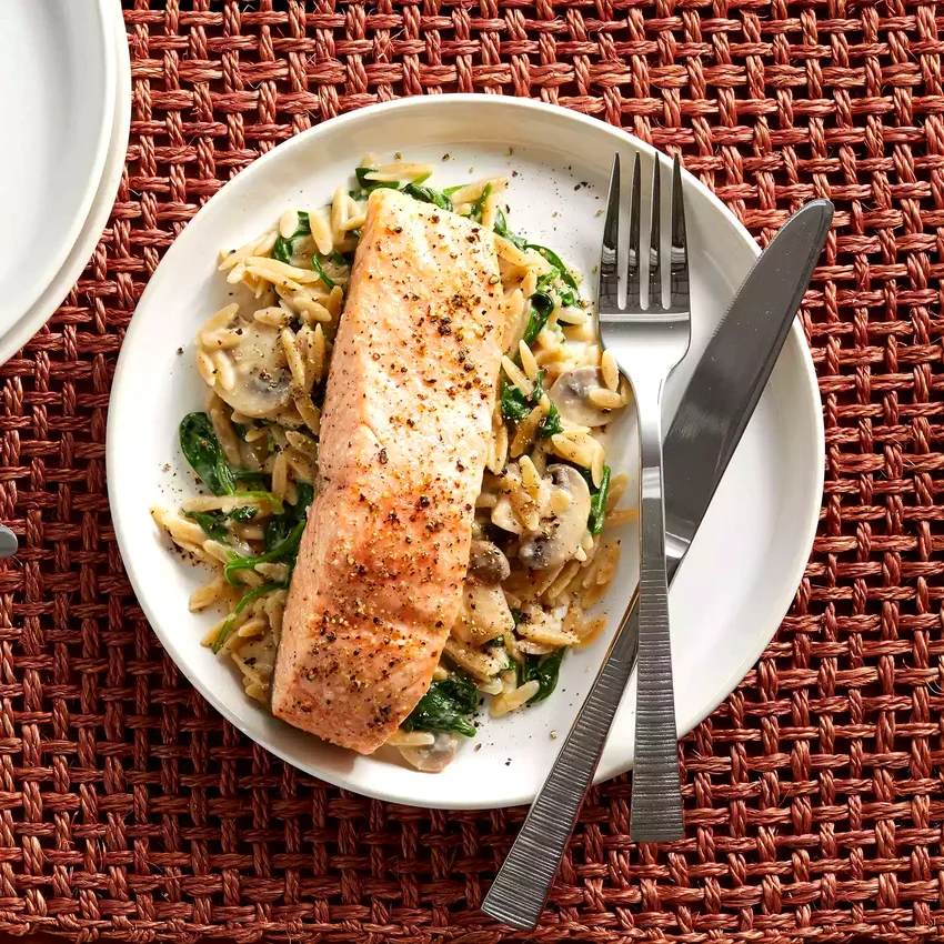 15-Minute Salmon & Creamy Orzo with Spinach & Mushrooms