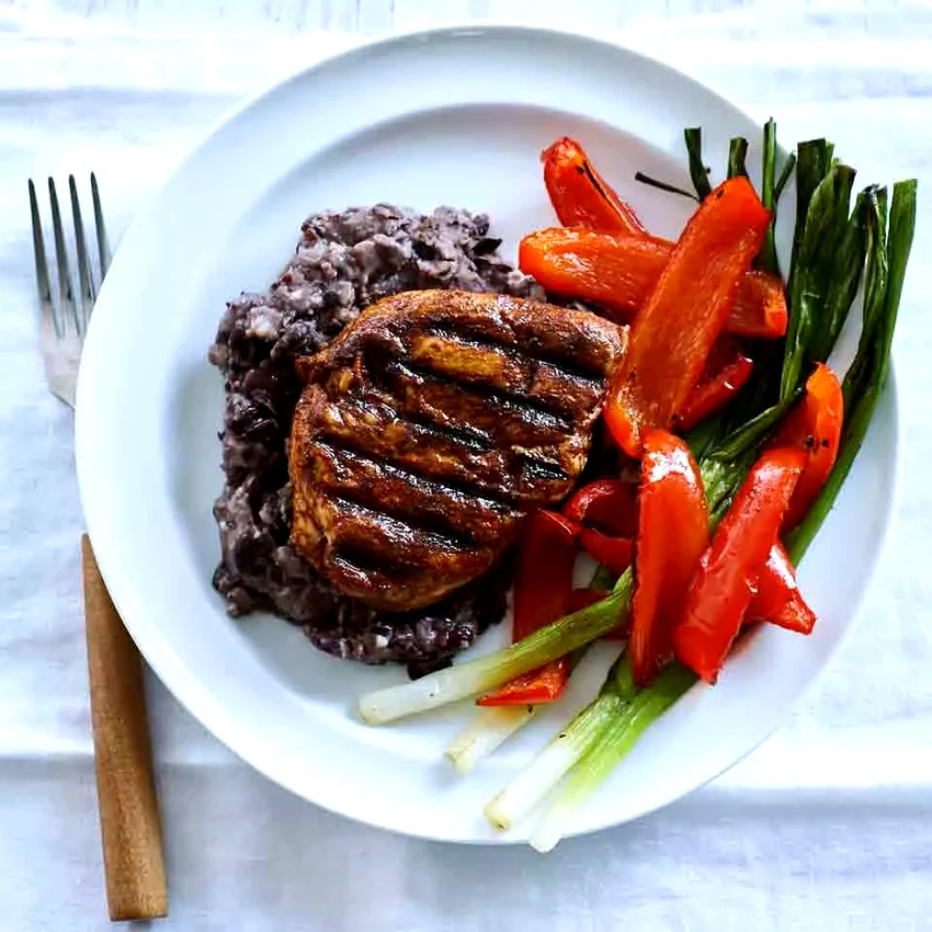 Ancho Chicken Breast with Black Beans, Bell Peppers & Scallions