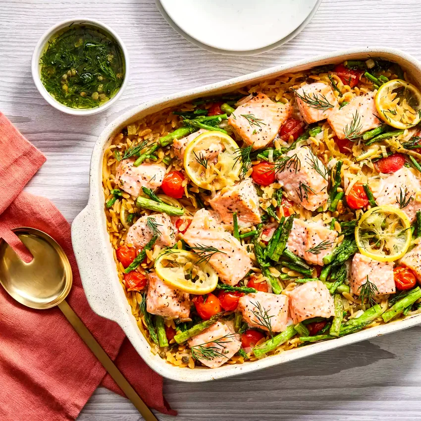 Anti-Inflammatory Lemony Salmon & Orzo Casserole