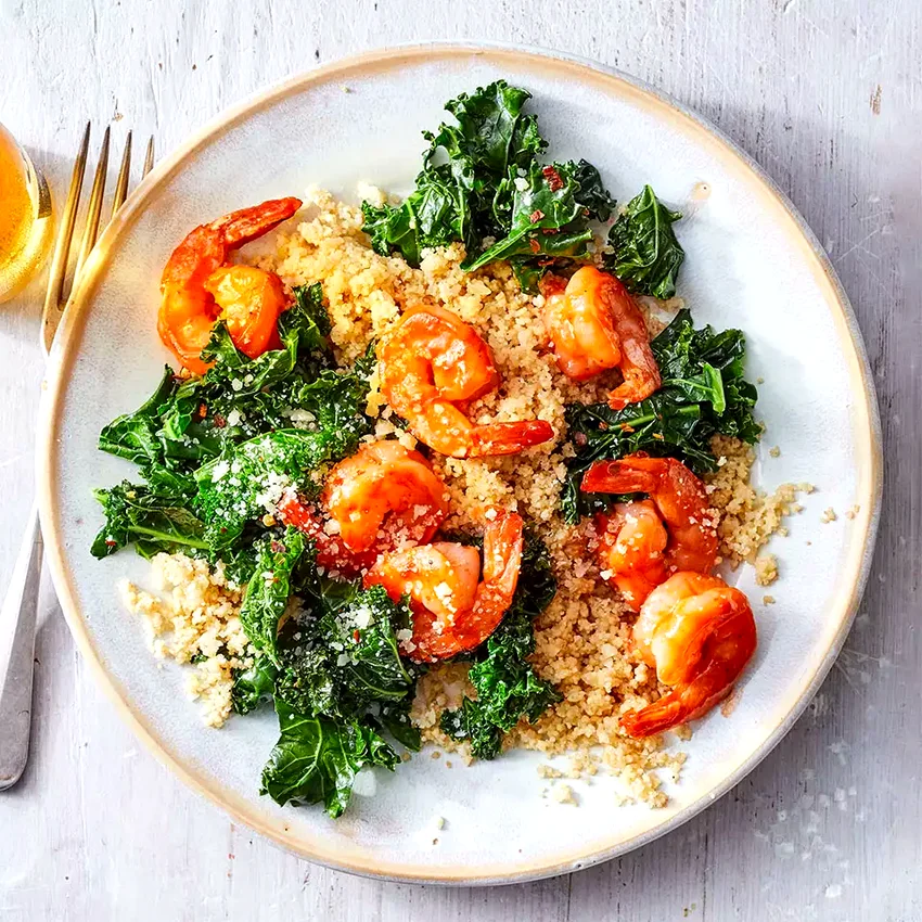 BBQ Shrimp with Garlicky Kale & Parmesan-Herb Couscous