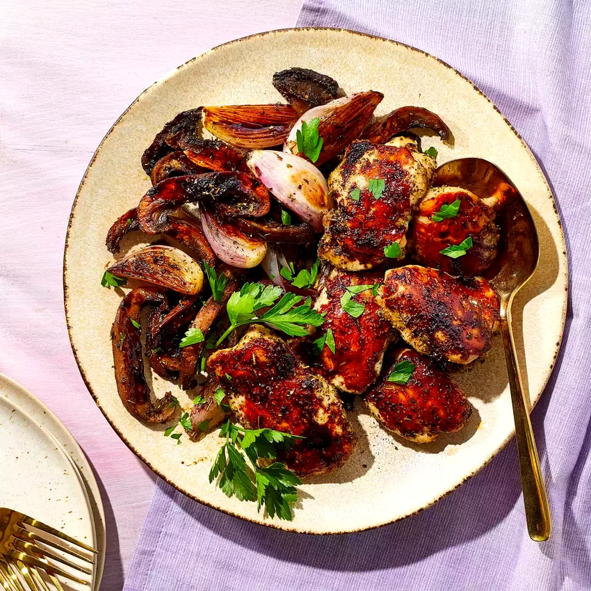 Balsamic-Roasted Chicken Thighs with Portobellos & Shallots