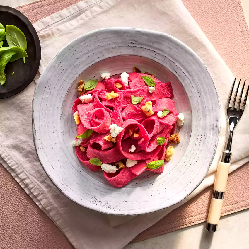 Beet Pasta with Goat Cheese & Walnuts