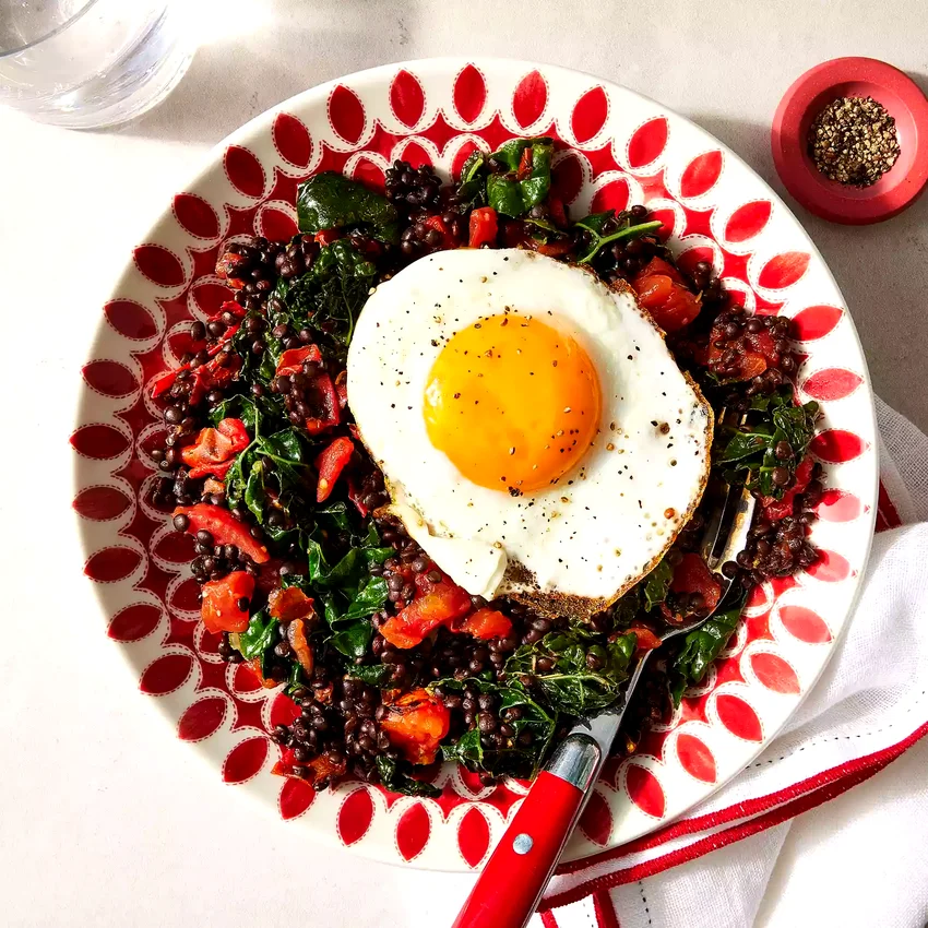 Braised Lentils & Kale with Fried Eggs