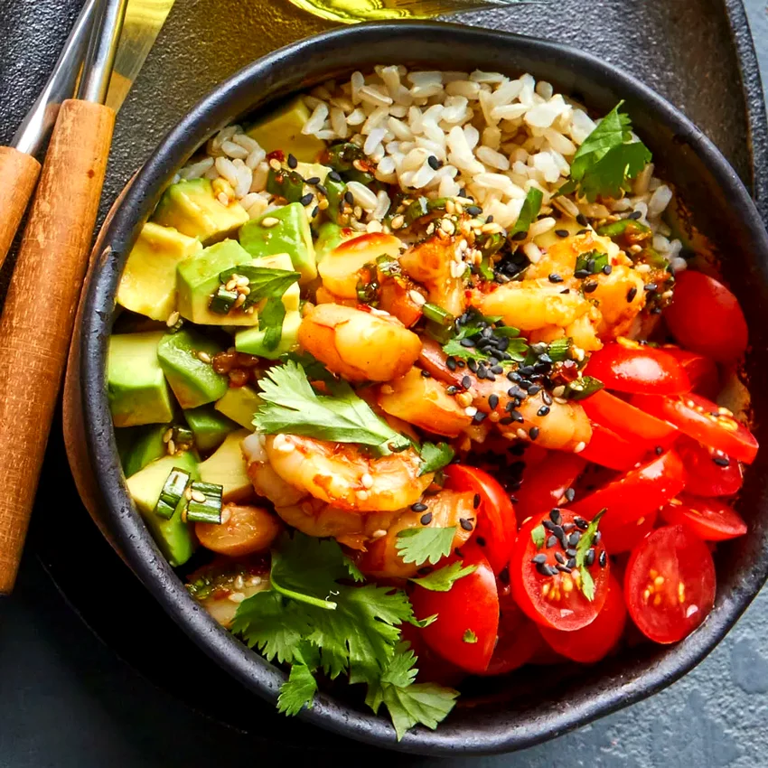 Brown Rice Shrimp Bowl with Tomatoes and Avocado