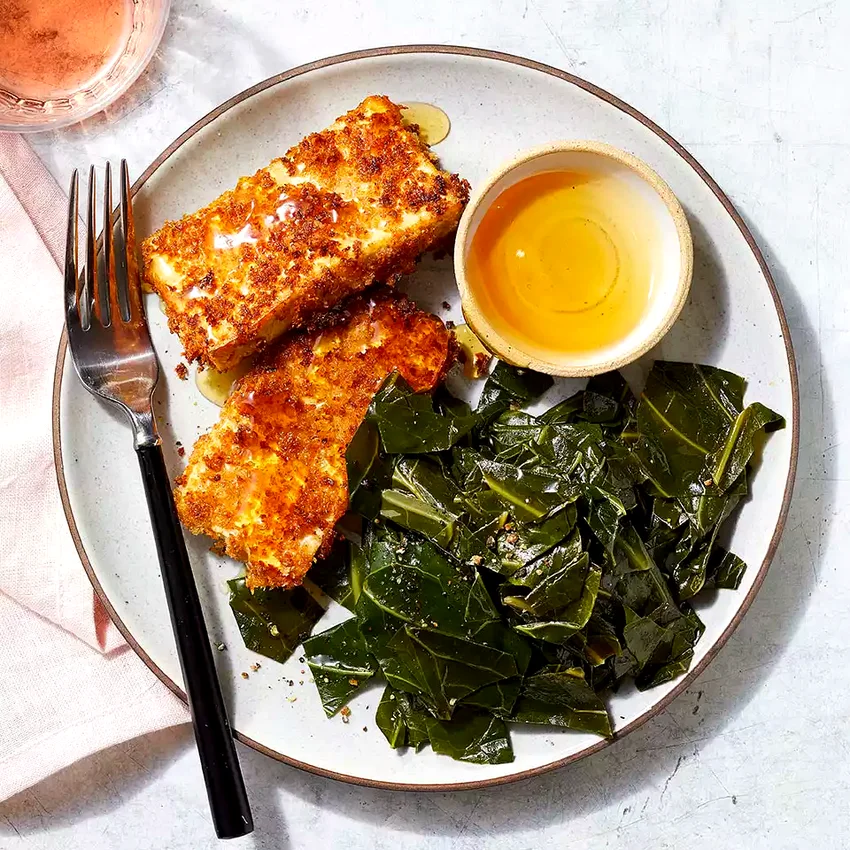 Buttermilk Fried Tofu with Smoky Collard Greens