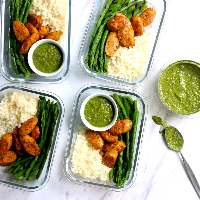 Cauliflower Rice Bowls with Grilled Asparagus & Chicken Sausage