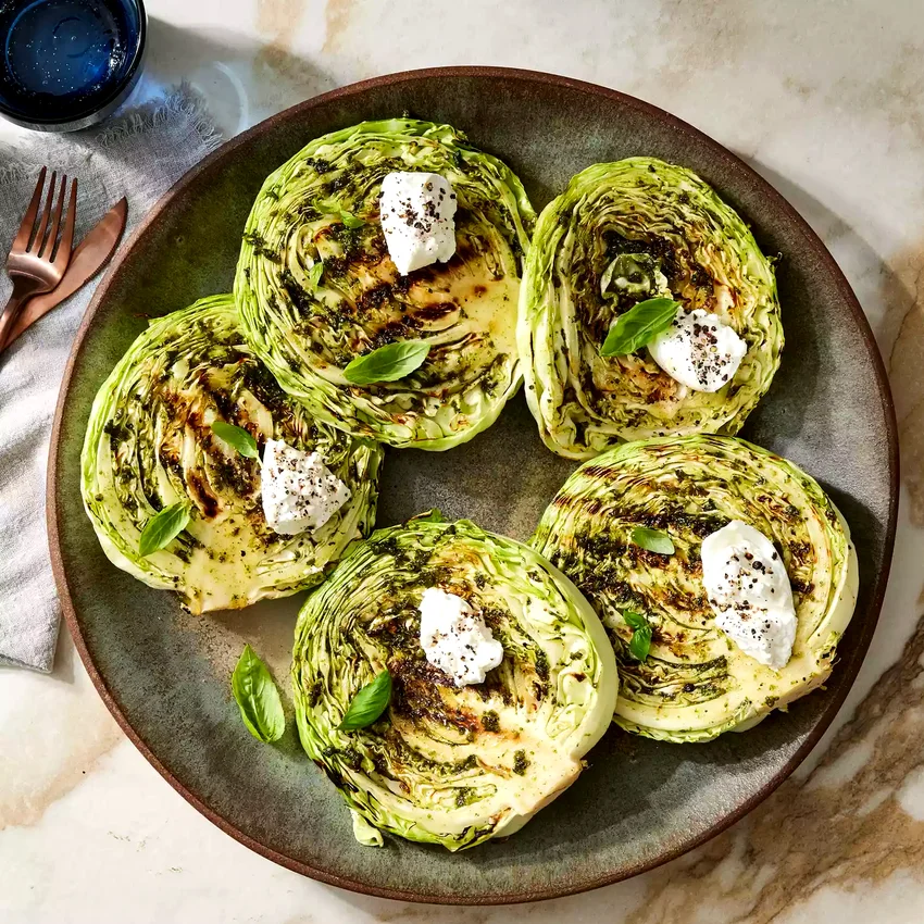 Charred Cabbage Steaks with Pesto & Burrata
