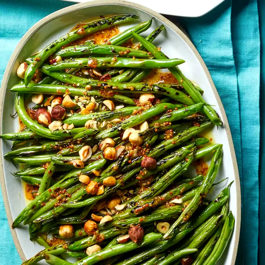 Charred Green Beans with Mustard Vinaigrette & Hazelnuts