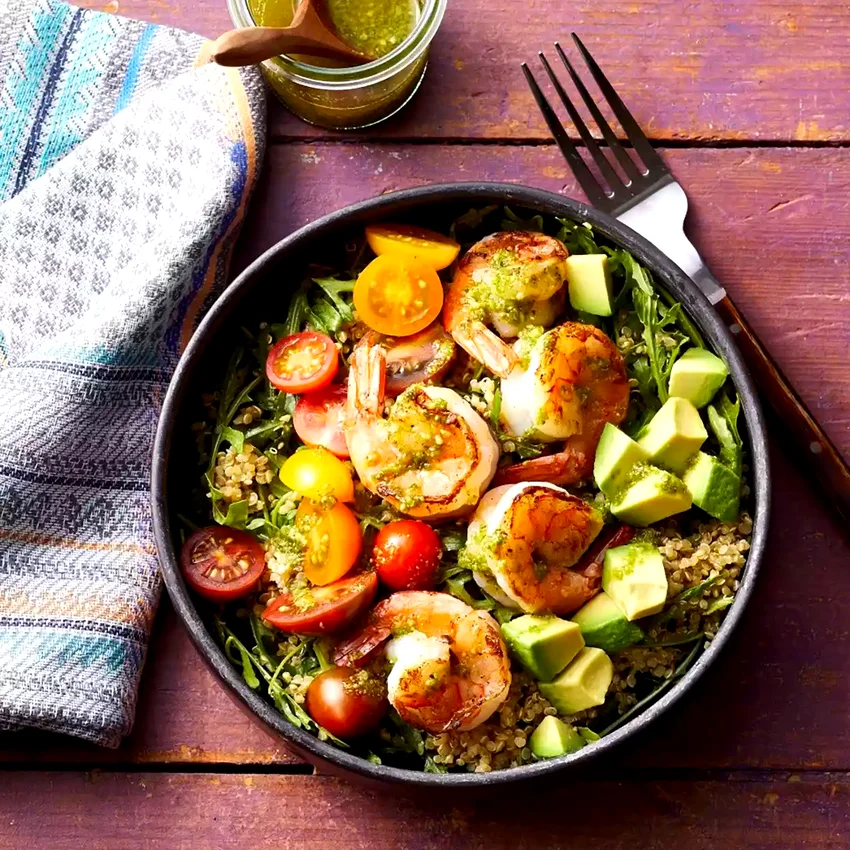 Charred Shrimp & Pesto Buddha Bowls