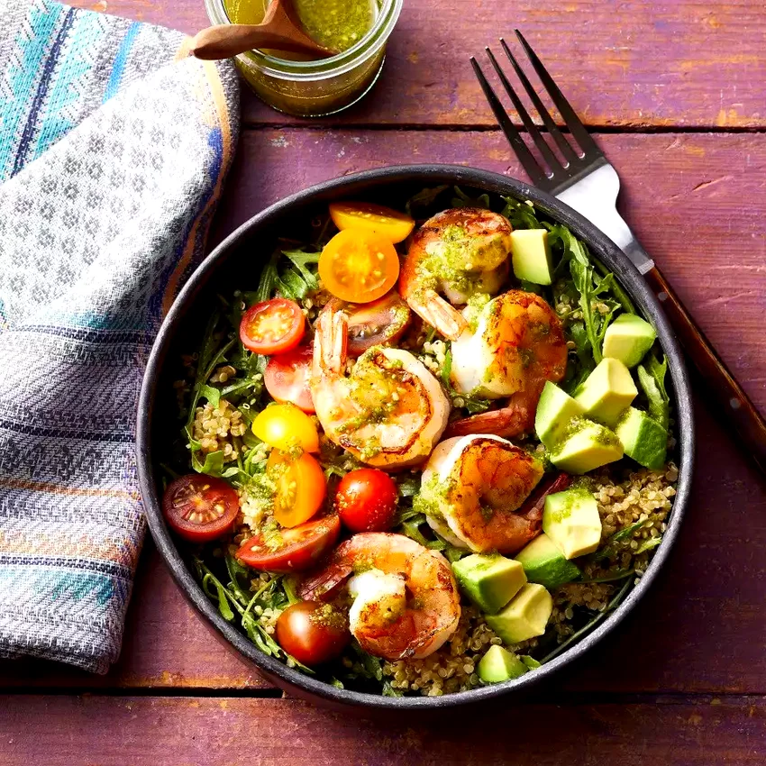 Charred Shrimp, Pesto & Quinoa Bowls