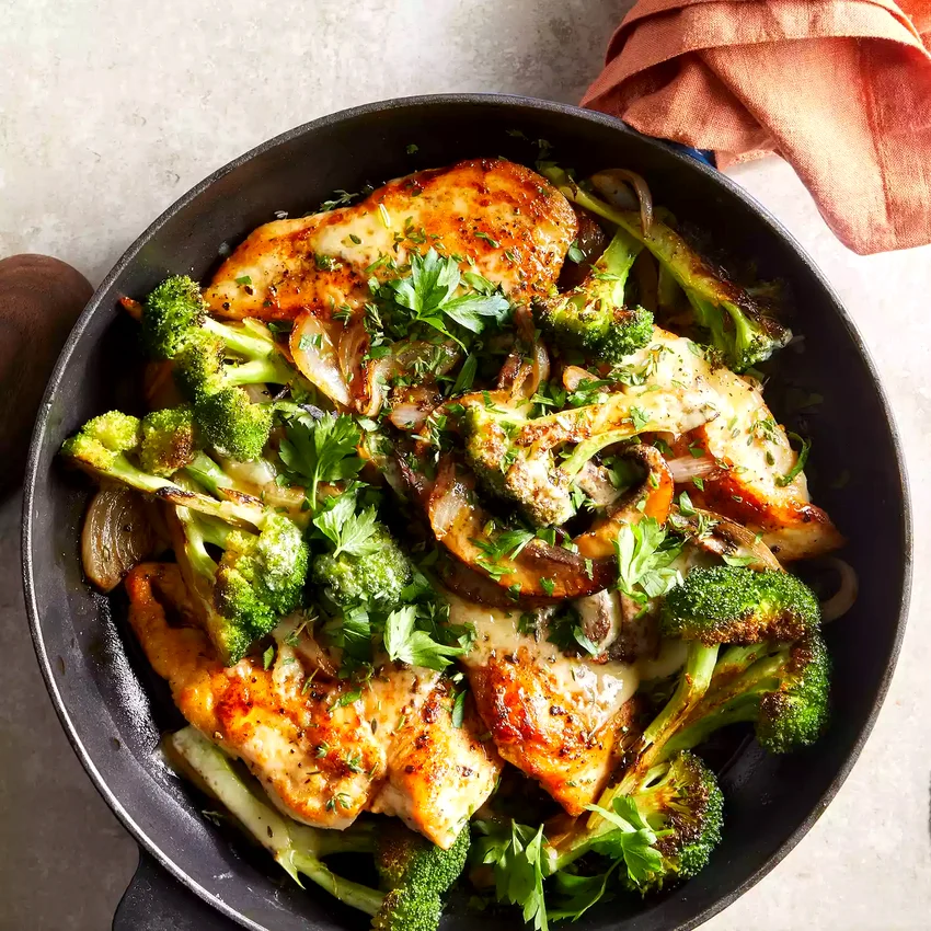 Cheesy Portobello Chicken Cutlets with Broccoli