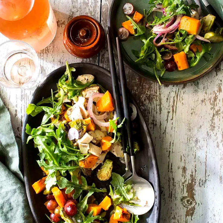 Chicken, Arugula & Butternut Squash Salad with Brussels Sprouts