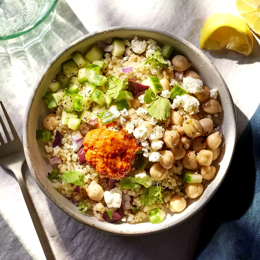 Chickpea & Quinoa Bowl with Roasted Red Pepper Sauce