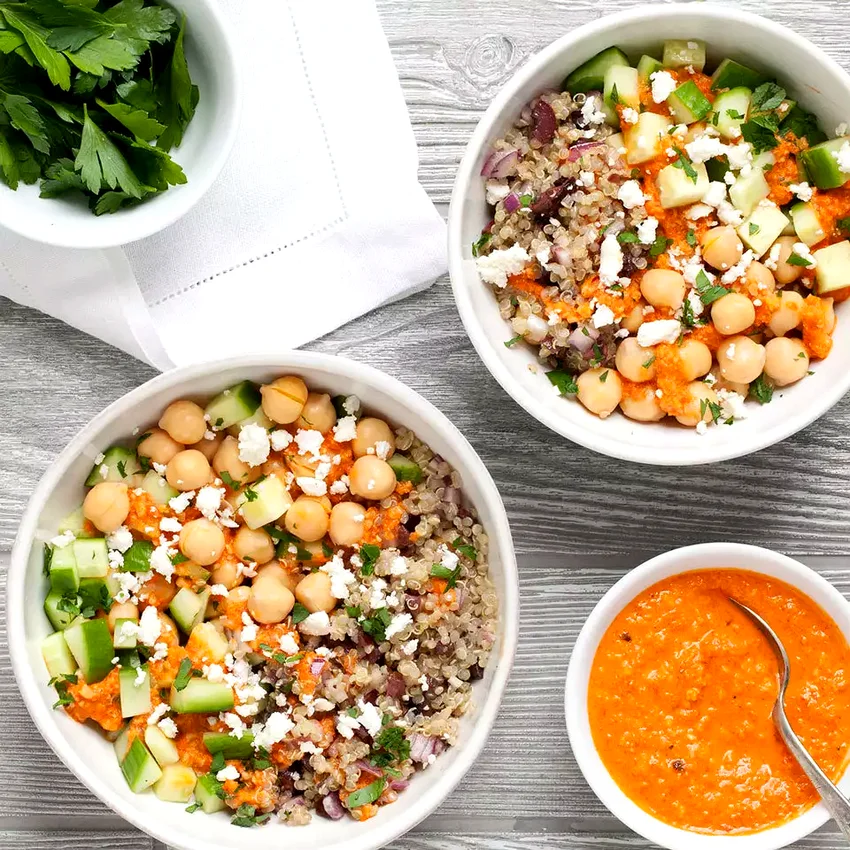 Chickpea & Quinoa Bowl with Roasted Red Pepper Sauce