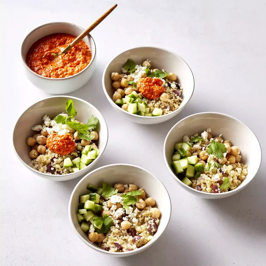 Chickpea & Quinoa Bowl with Roasted Red Pepper Sauce