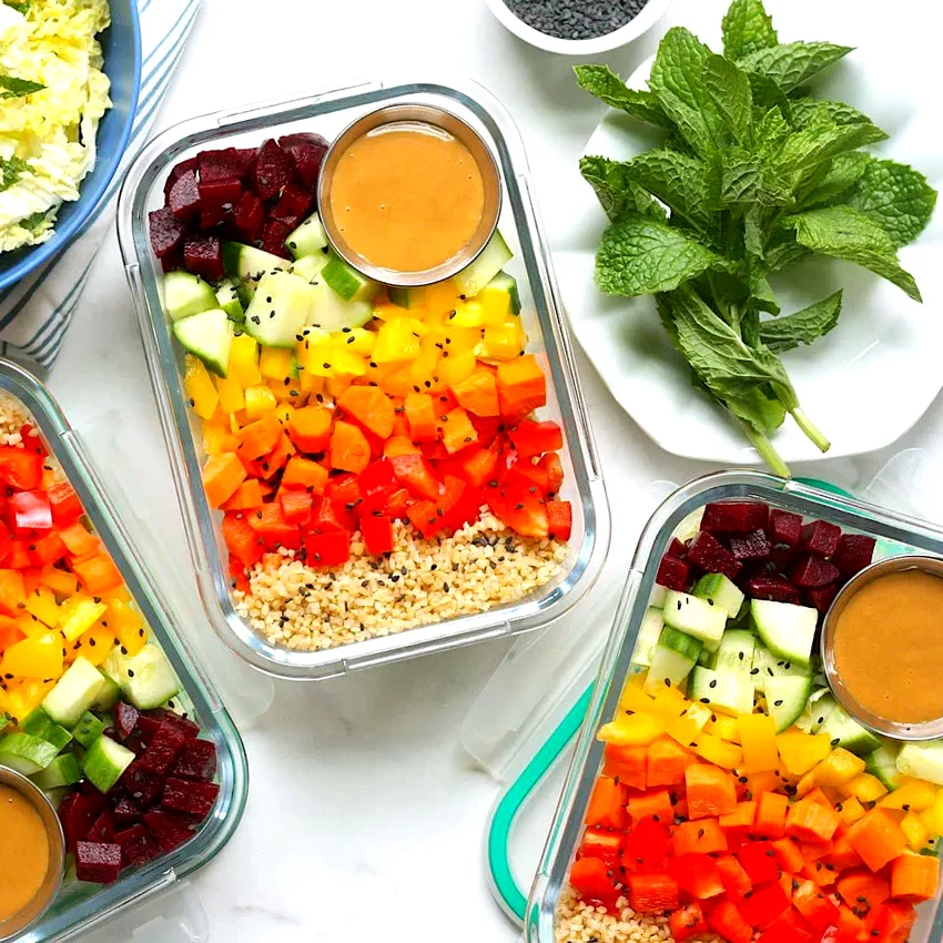 Chopped Rainbow Salad Bowls with Peanut Sauce