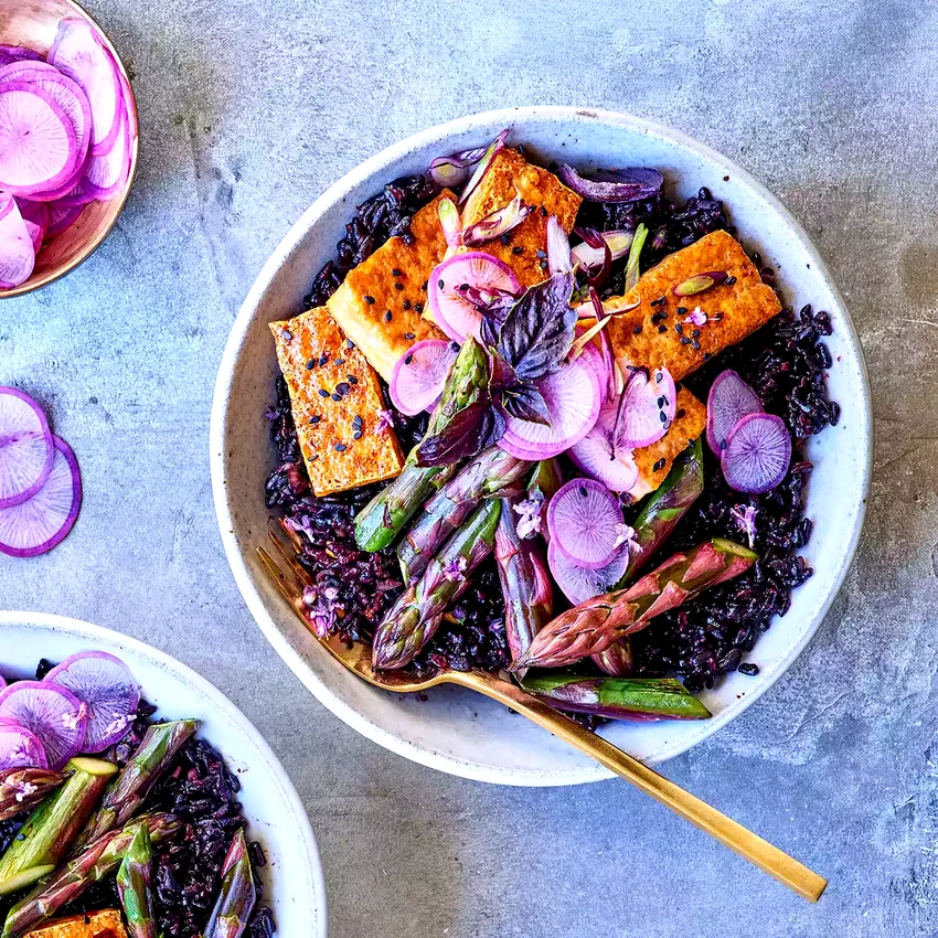 Coconut Black Rice Bowls with Tofu & Purple Asparagus