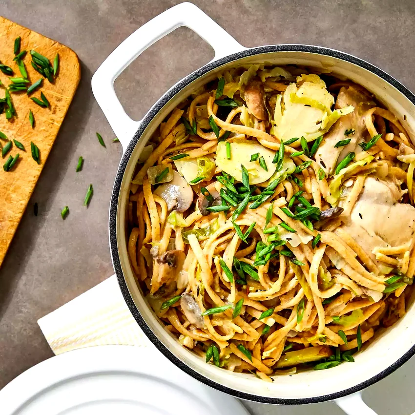 Creamy Chicken, Brussels Sprouts, & Mushrooms One-Pot Pasta