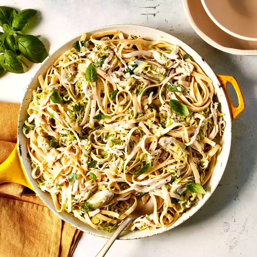 Creamy Chicken Pasta with Brussels Sprouts & Artichokes