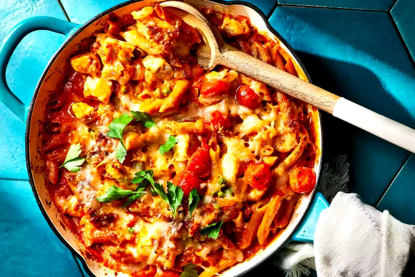 Creamy Chicken & Penne alla Vodka Casserole with Peas
