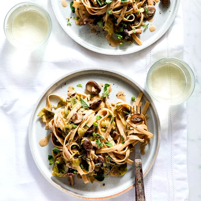 Creamy Fettuccine with Brussels Sprouts & Mushrooms
