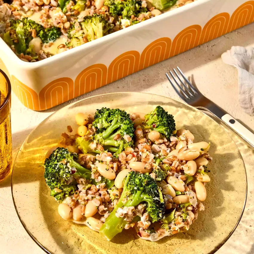 Creamy Lemon-Parmesan Broccoli & White Bean Casserole