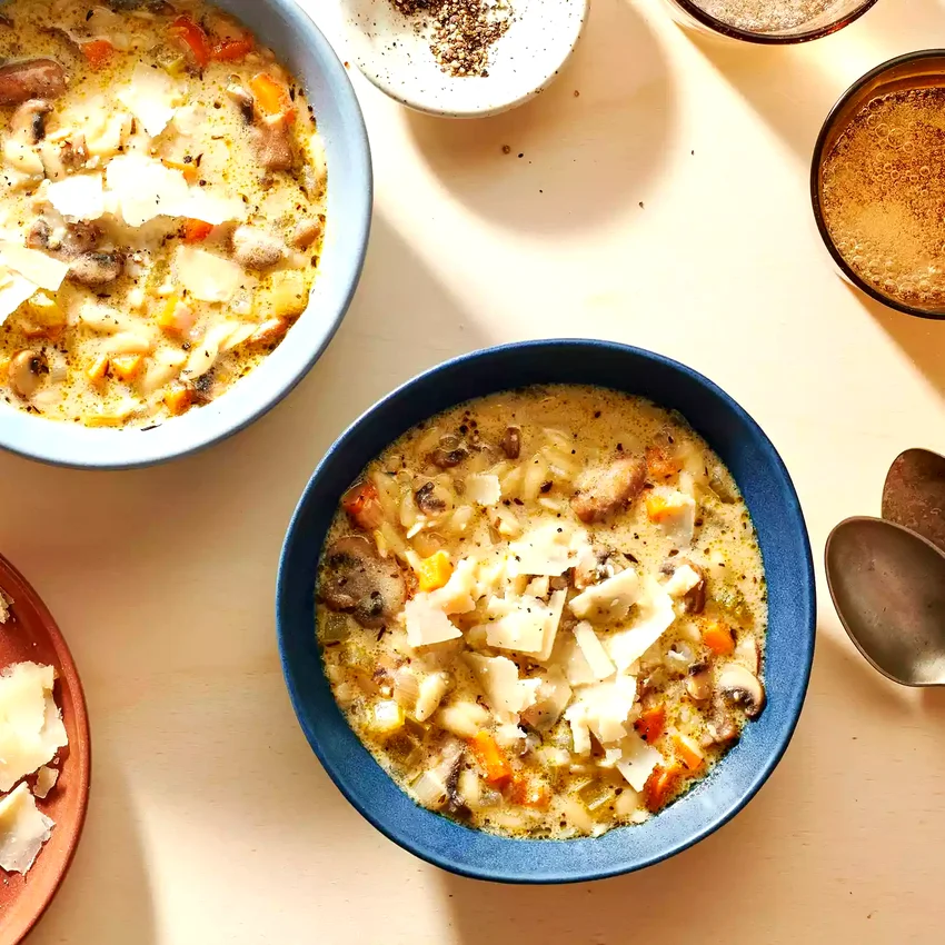 Creamy Mushroom & Orzo Soup with Lemon & Parmesan