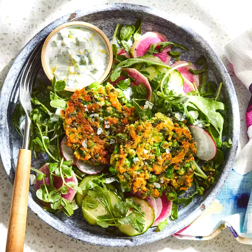 Crispy Pea Fritter Salad