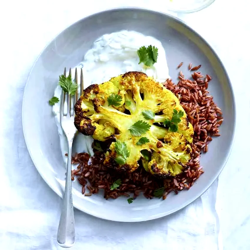Curried Cauliflower Steaks with Red Rice & Tzatziki