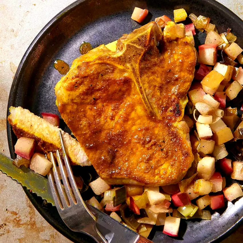 Curried Pork Chops with Roasted Apples & Leeks