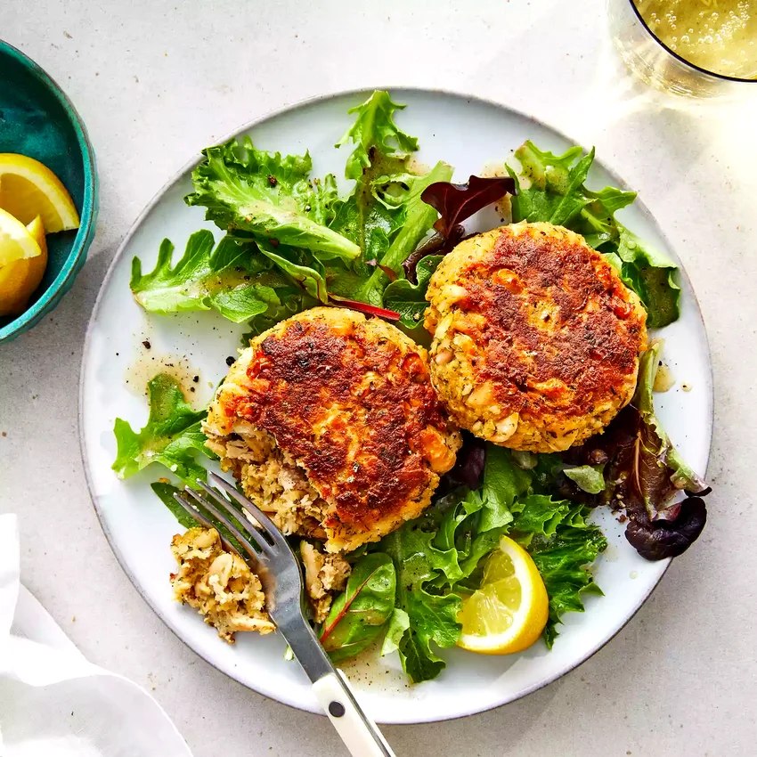 Easy Tuna Cakes with Greens & Lemon Dressing