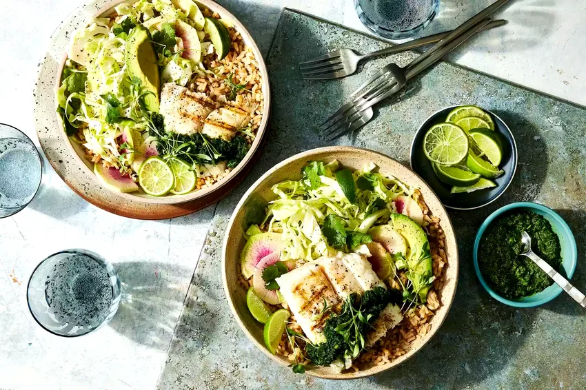 Fish Taco Bowls with Green Cabbage Slaw