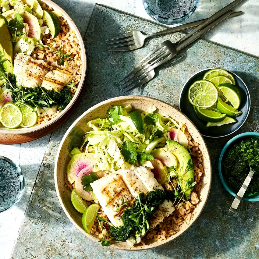 Fish Taco Bowls with Green Cabbage Slaw