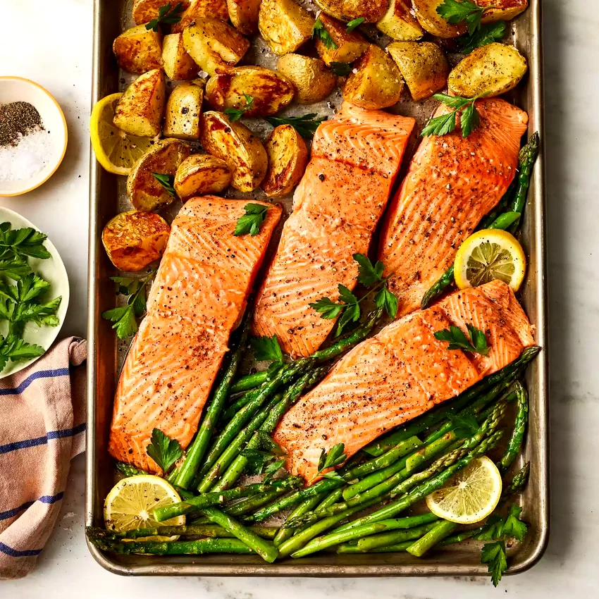 Garlic Butter–Roasted Salmon with Potatoes & Asparagus