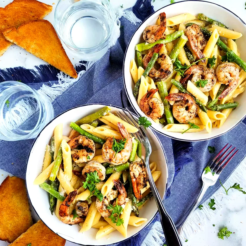 Garlicky Pasta with Grilled Shrimp & Asparagus