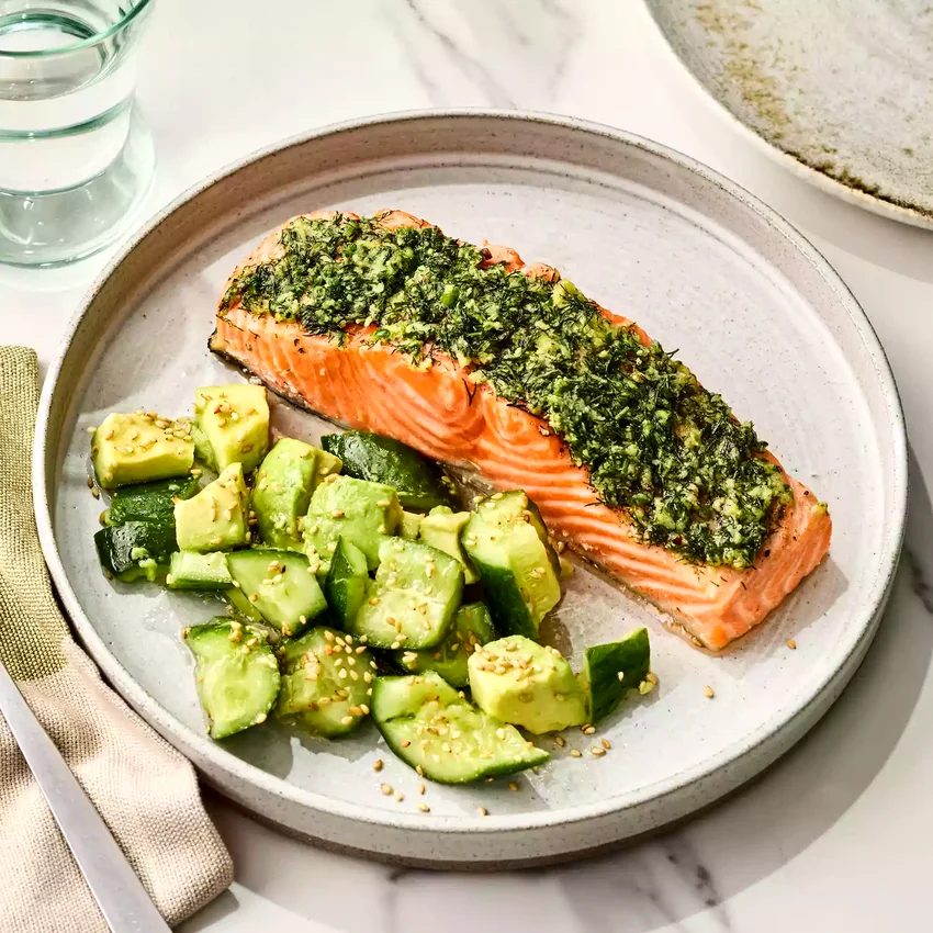 Ginger-Dill Salmon with Cucumber & Avocado Salad