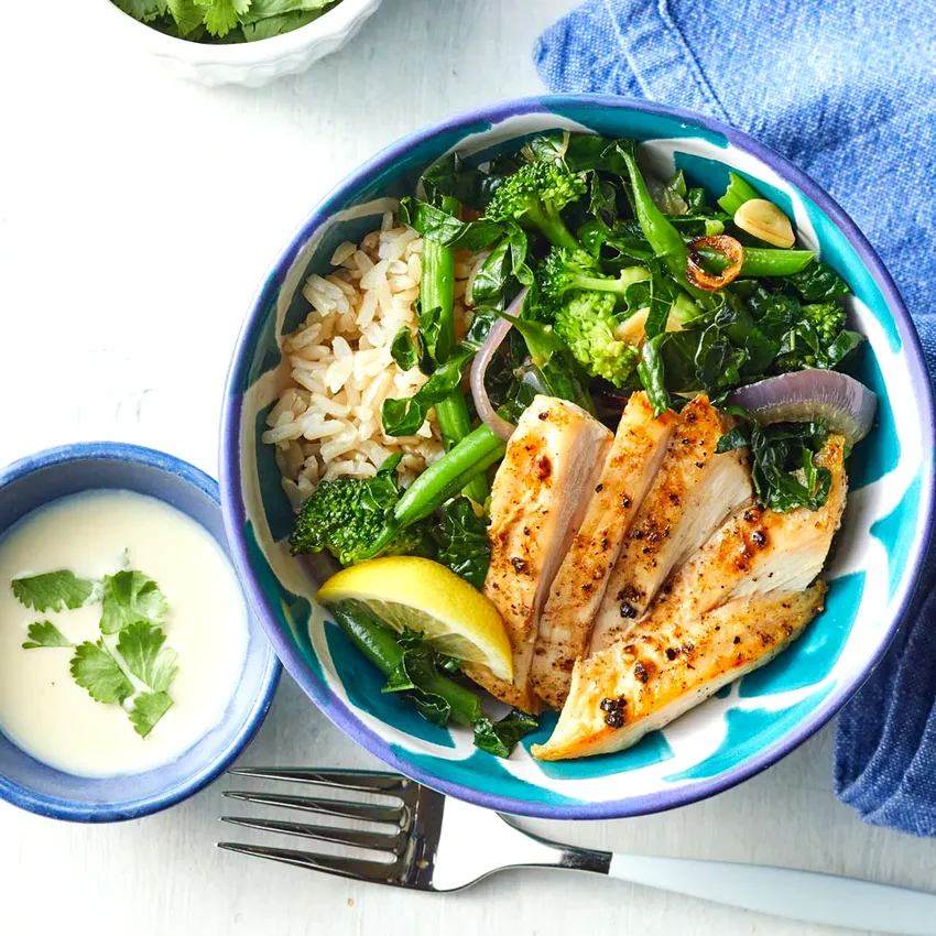 Green Veggie Bowl with Chicken & Lemon-Tahini Dressing