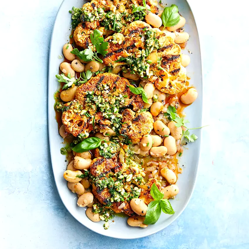 Grilled Cauliflower Steaks with Almond Pesto & Butter Beans