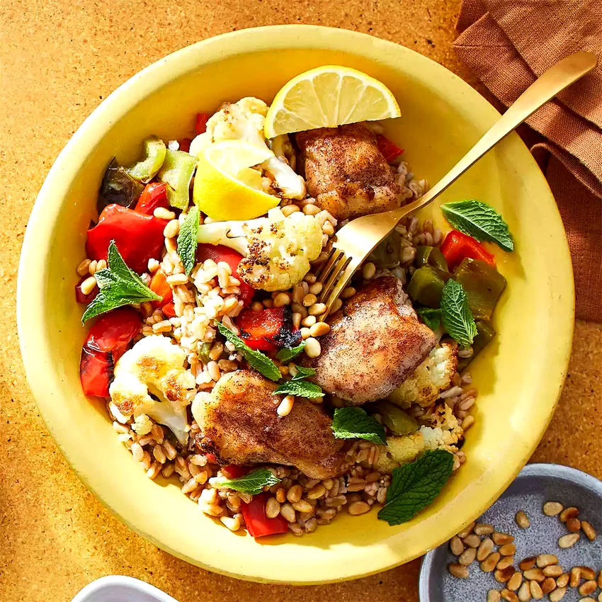 Grilled Chicken with Farro & Roasted Cauliflower