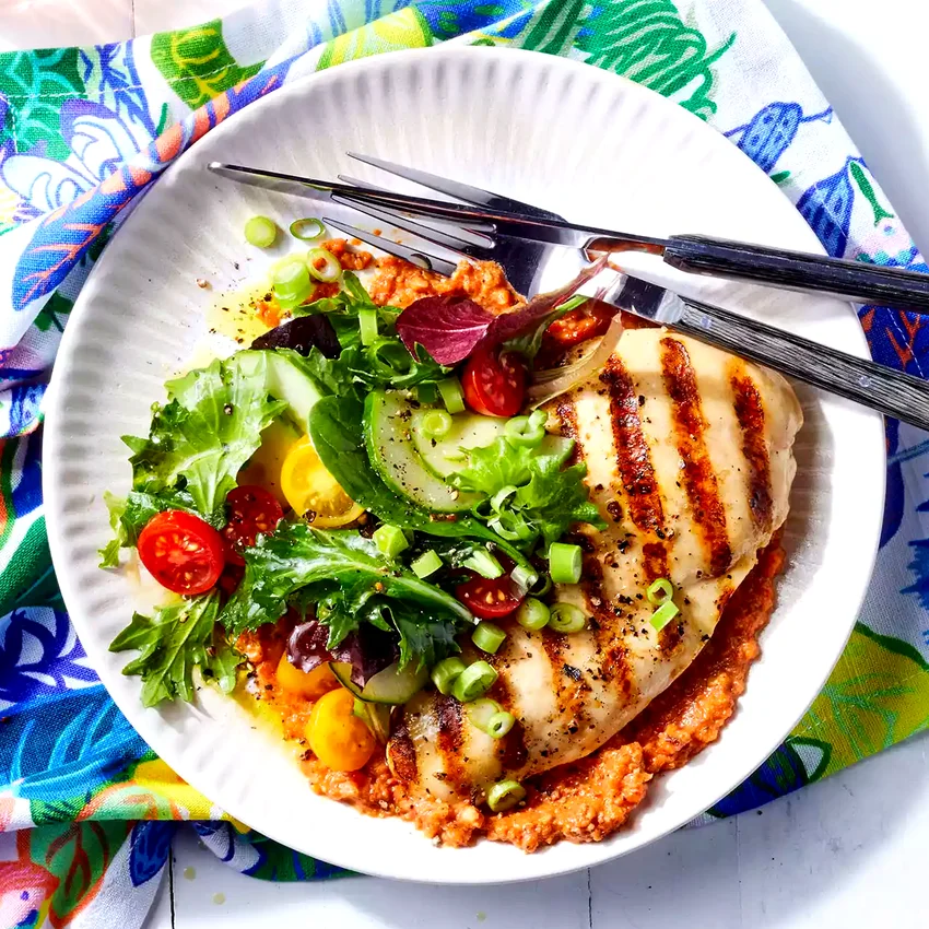 Grilled Chicken with Red Pepper-Pecan Romesco Sauce