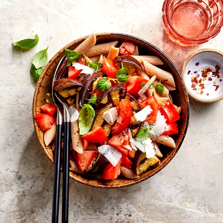 Grilled Eggplant & Tomato Pasta