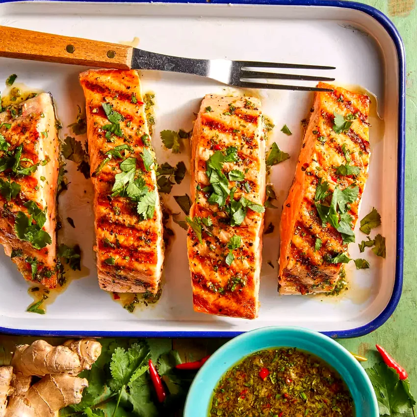 Grilled Salmon with Cilantro-Ginger Sauce