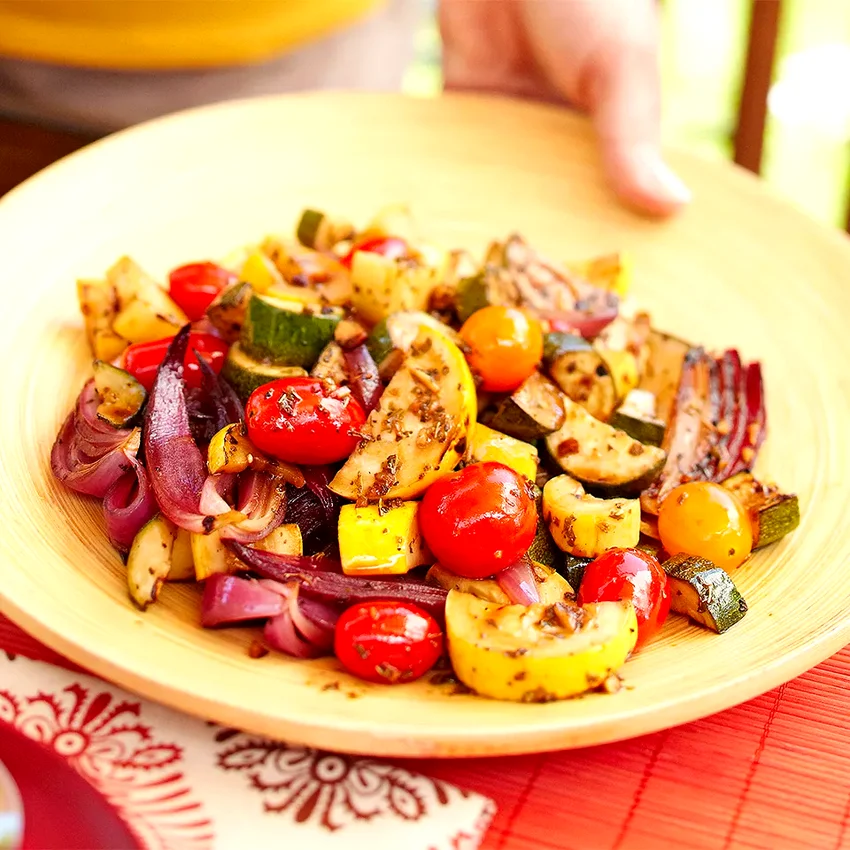 Grilled Summer Squash, Onions, and Tomatoes