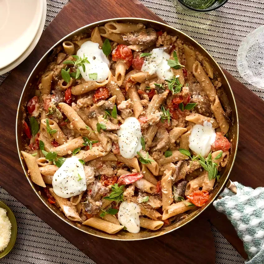 High-Protein Penne with Ground Turkey & Mushrooms
