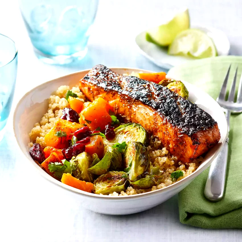 Jerk-Spiced Salmon & Quinoa Bowl with Mango Vinaigrette