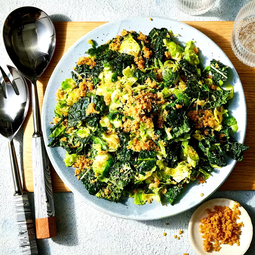 Kale & Shaved Brussels Sprouts Salad with Avocado Caesar Dressing