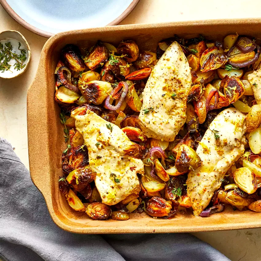 Lemon-Garlic Dump Dinner with Chicken, Potatoes & Brussels Sprouts