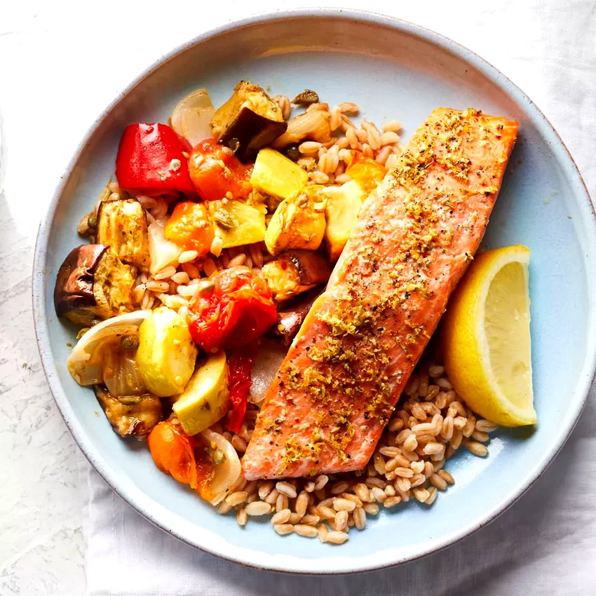 Lemon-Herb Salmon with Caponata & Farro