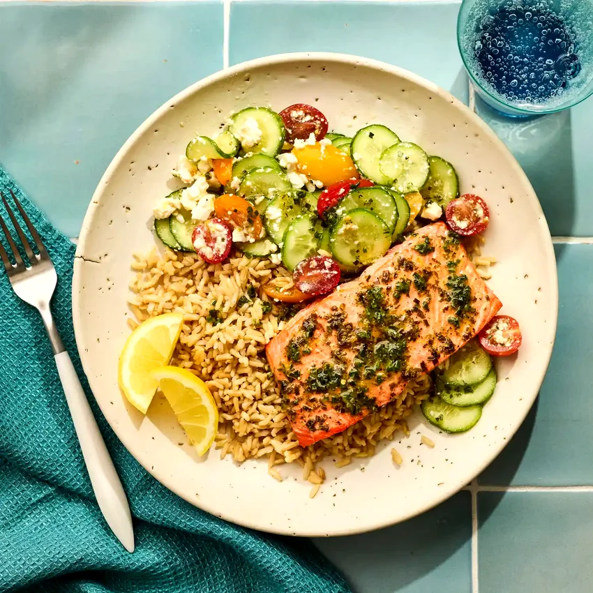 Lemony Salmon Rice Bowl with Feta, Cucumber & Tomato Salad