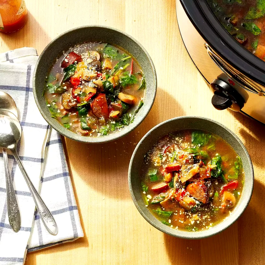 Load-&-Go Slow-Cooker Soup with Mushrooms & Kielbasa